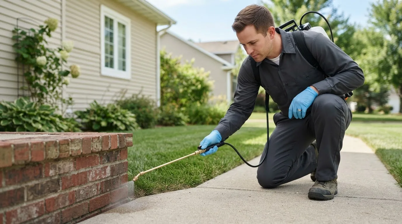 Pest control technician treating a home near Natoma, KS